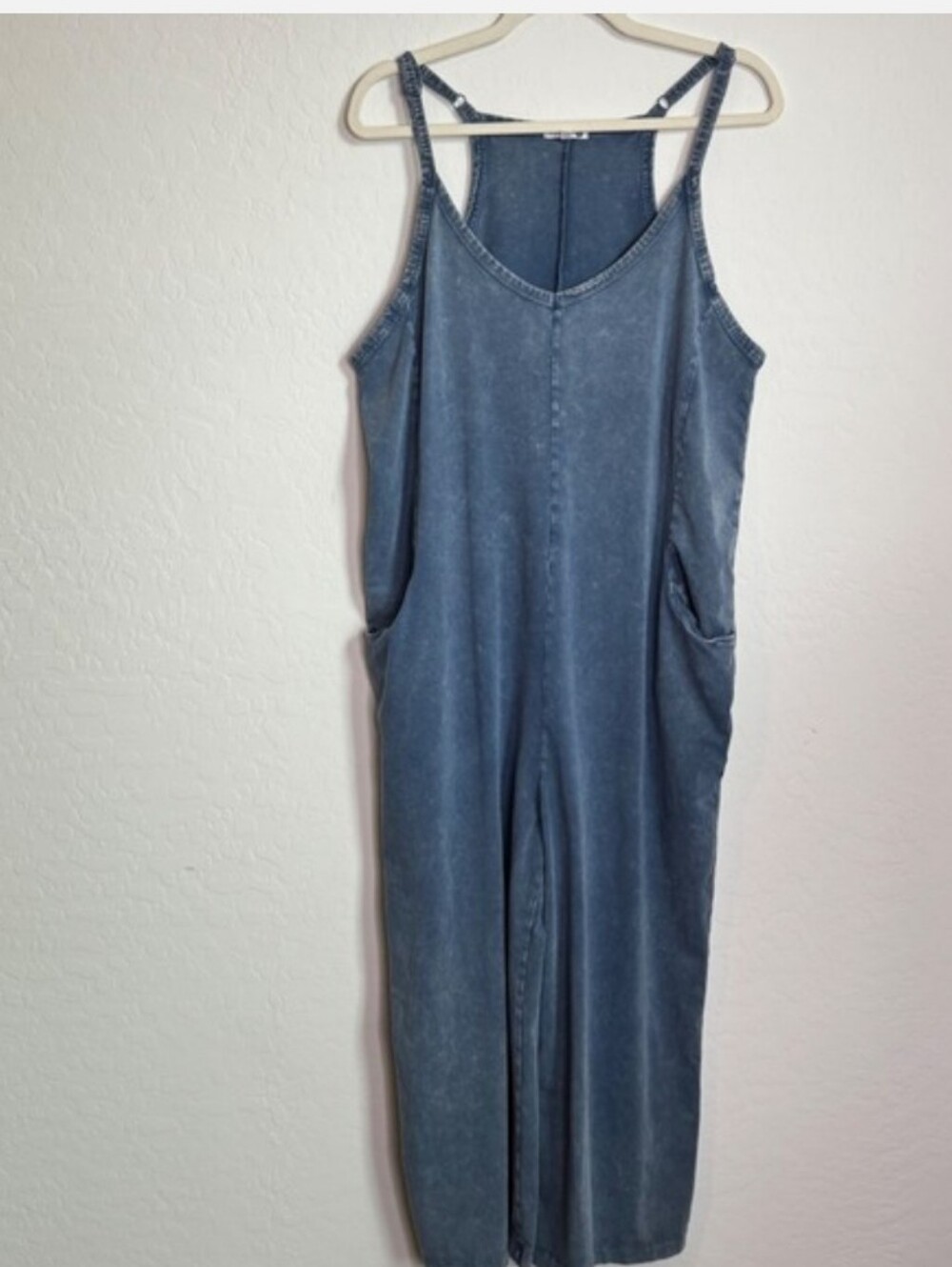 Anthropologie Sundry Blue Mineral Wash Wide Leg Cropped Jumpsuit L Boho Lounge